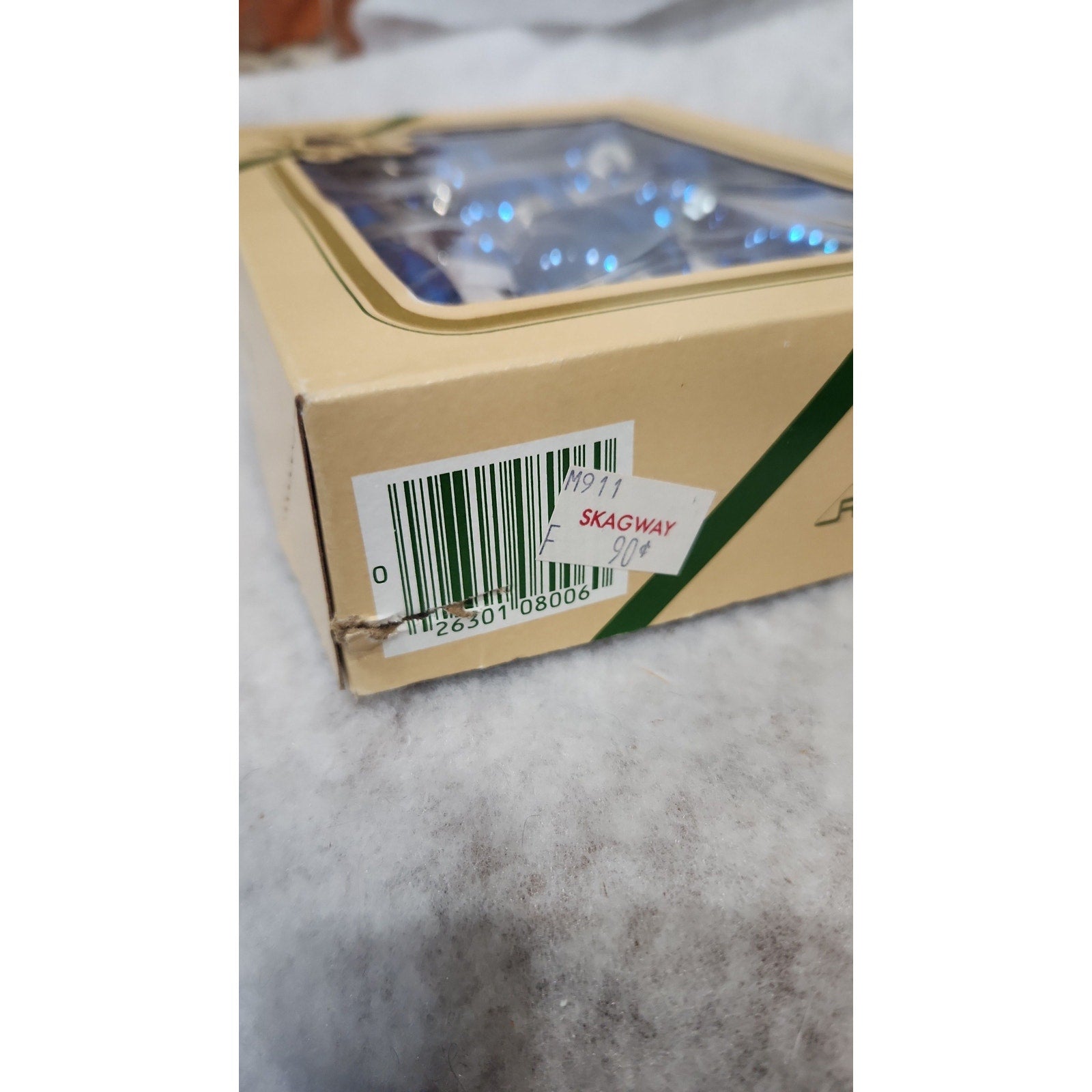 vintage box of blue Pyramid ornaments