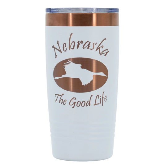 Nebraska The Good Life Sandhill Crane Stainless Steel Vacuum Insulated Tumbler | 20 oz | Rose Gold & White | RCK Creations & More