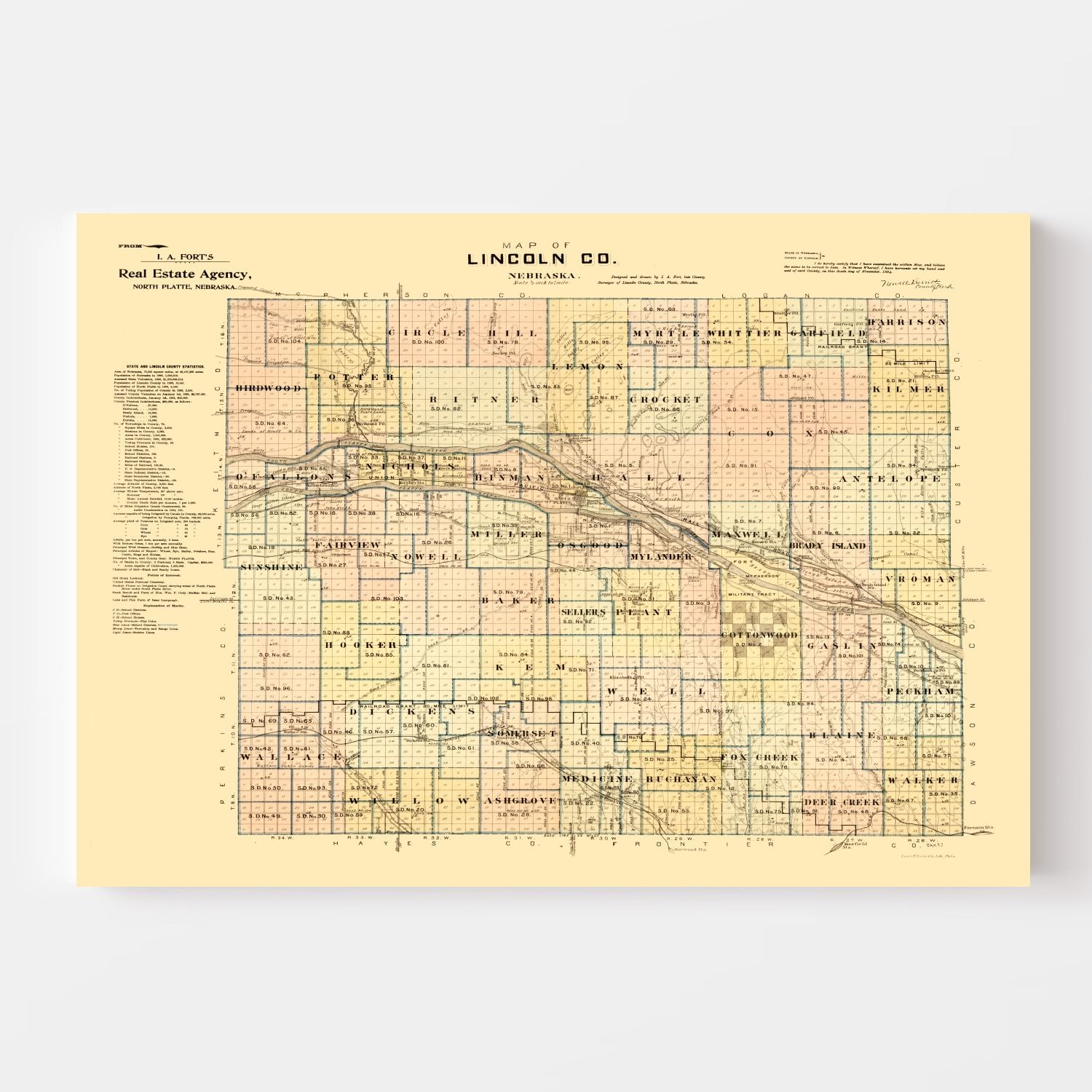 Vintage Map of Lincoln County, Nebraska 1894 -Not available at Minden location-