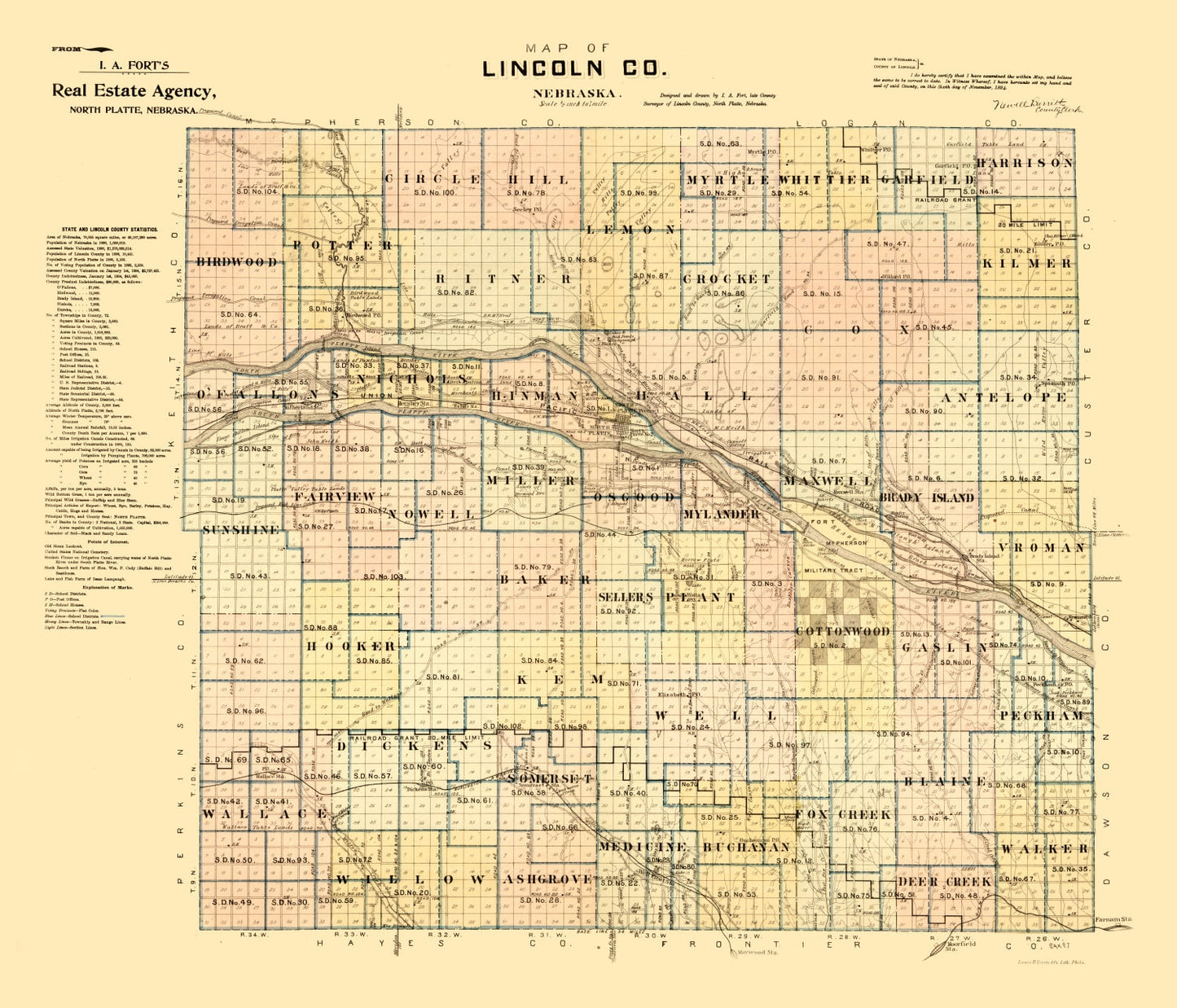 Vintage Map of Lincoln County, Nebraska 1894 -Not available at Minden location-