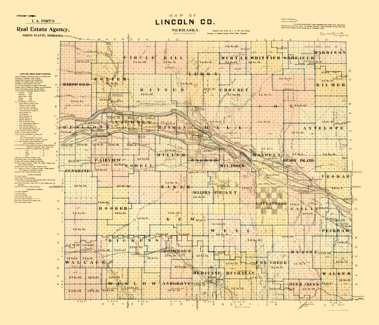 Vintage Map of Lincoln County, Nebraska 1894 -Not available at Minden location-