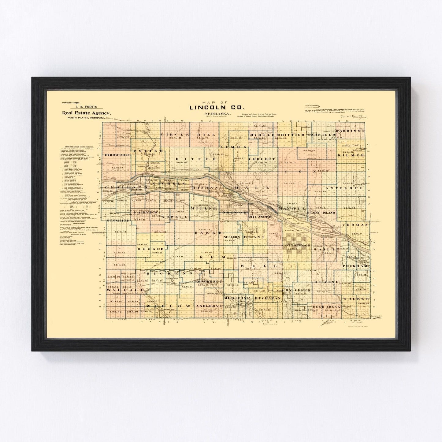 Vintage Map of Lincoln County, Nebraska 1894 -Not available at Minden location-