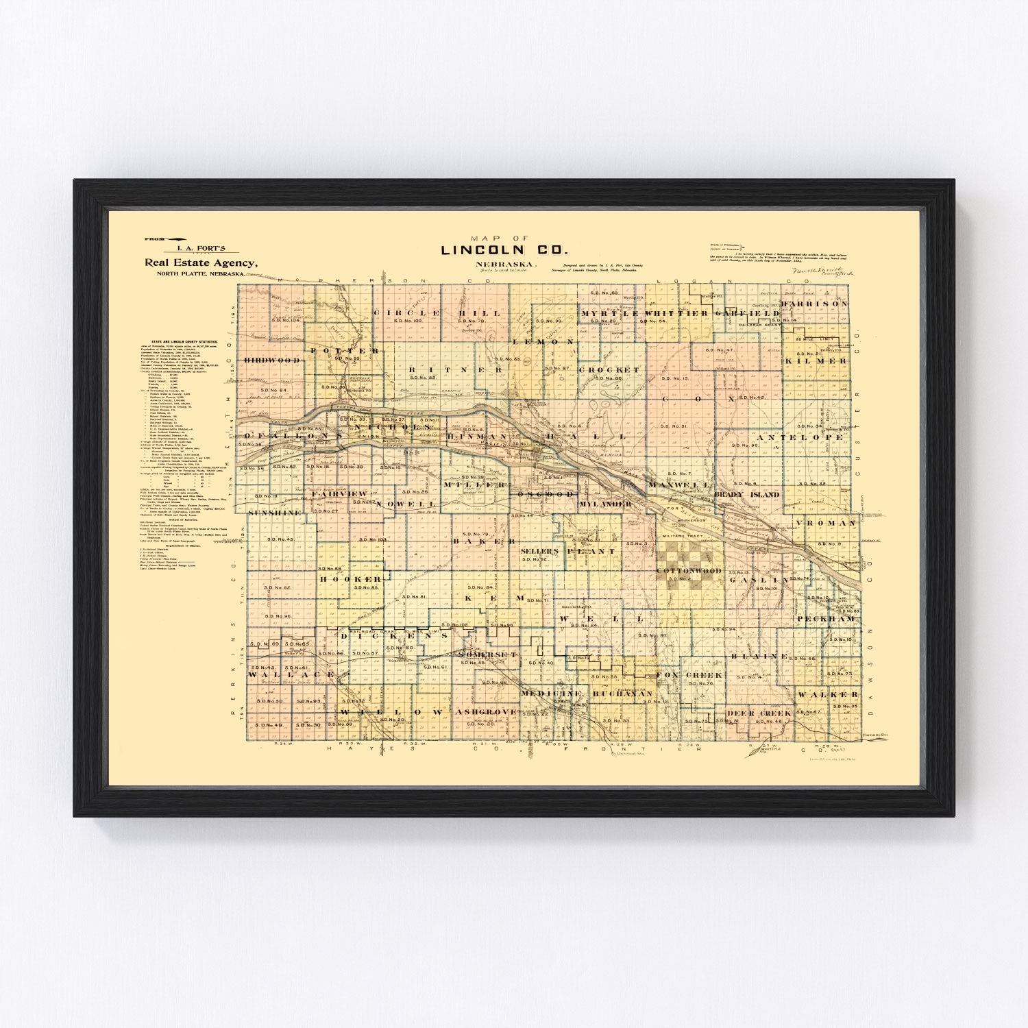 Vintage Map of Lincoln County, Nebraska 1894 -Not available at Minden location-