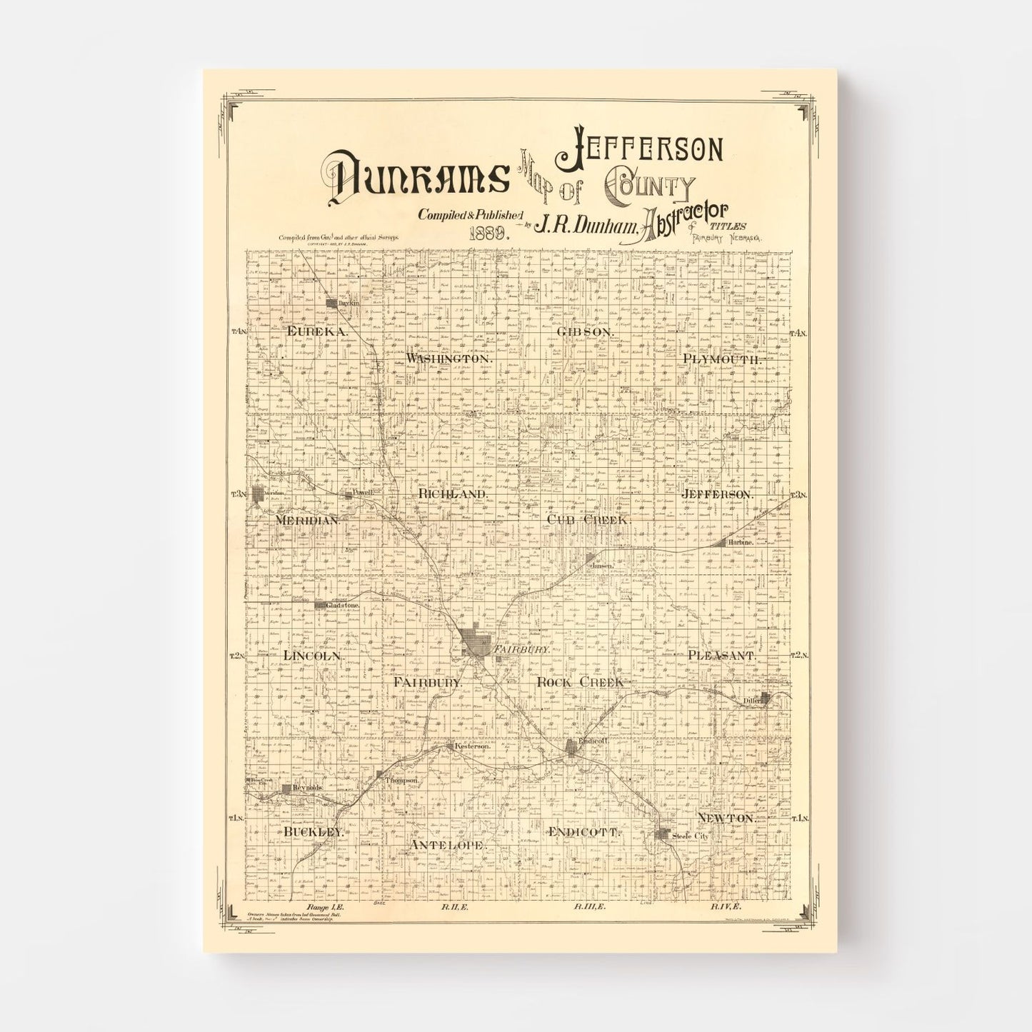 Vintage Map of Jefferson County, Nebraska 1889 -Not available at Minden location-