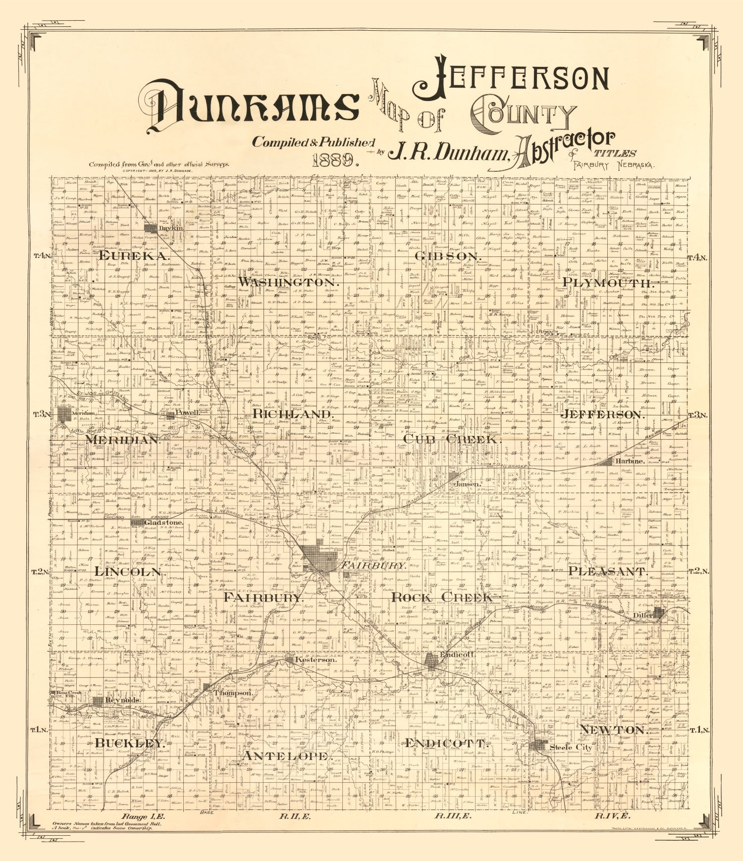 Vintage Map of Jefferson County, Nebraska 1889 -Not available at Minden location-