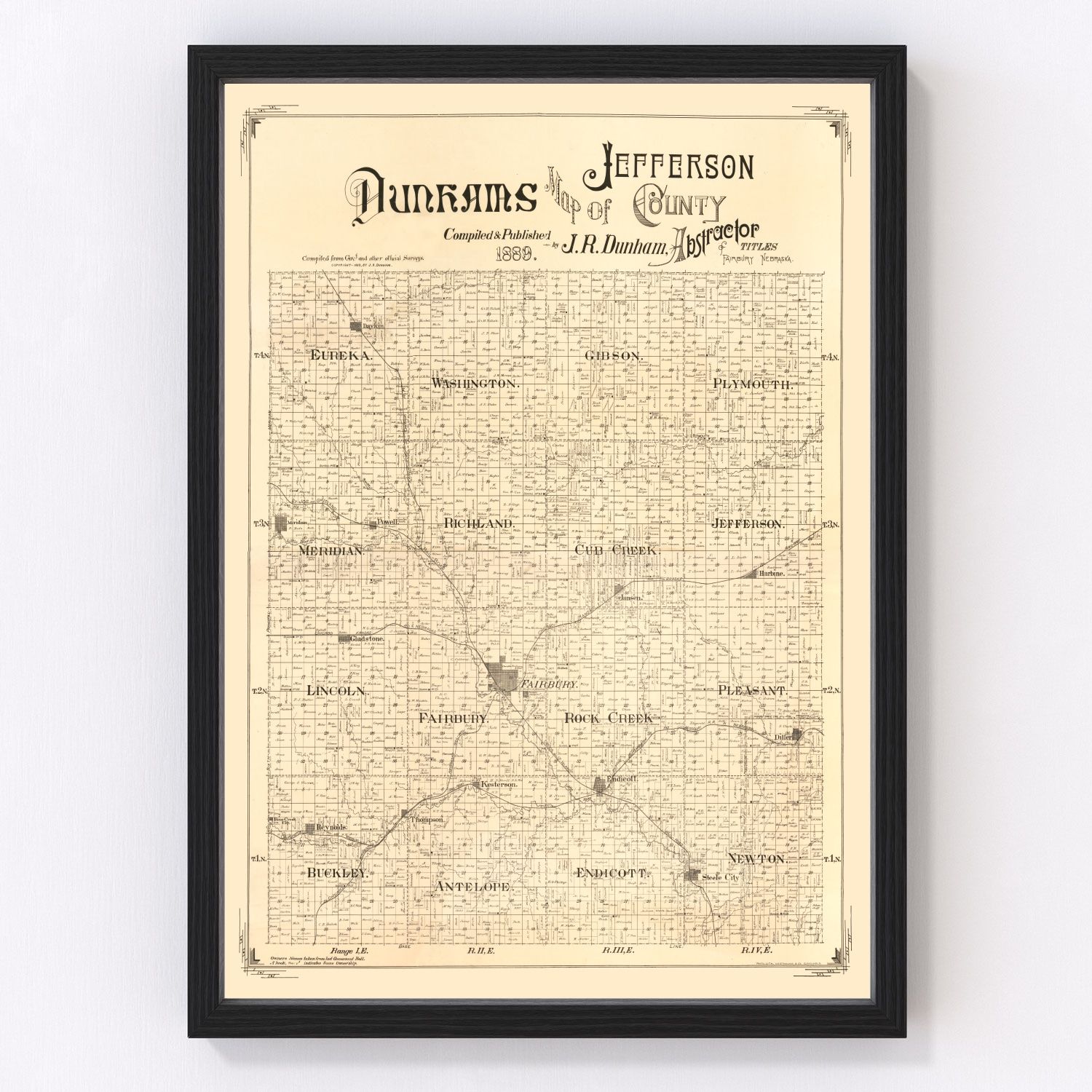 Vintage Map of Jefferson County, Nebraska 1889 -Not available at Minden location-