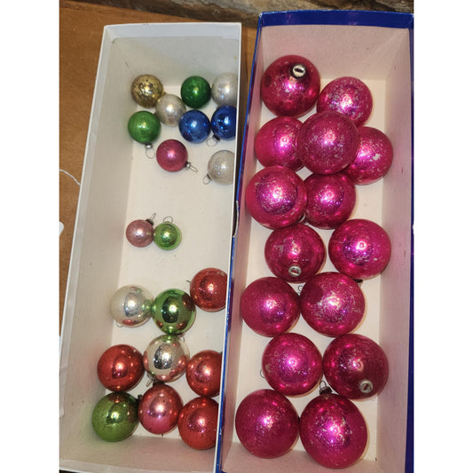 Vintage Antique Assorted Sizes and Colors Mercury Glass Ornaments with caps stamped Japan Collection of 35