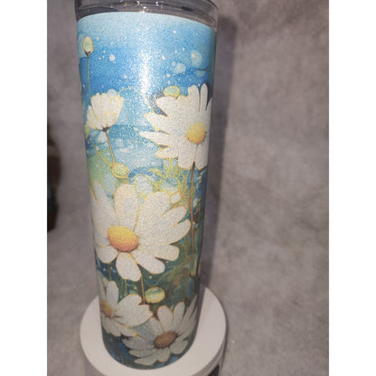 20 oz Stainless Steel Glitter Tumbler Flowers Daisy Dasies