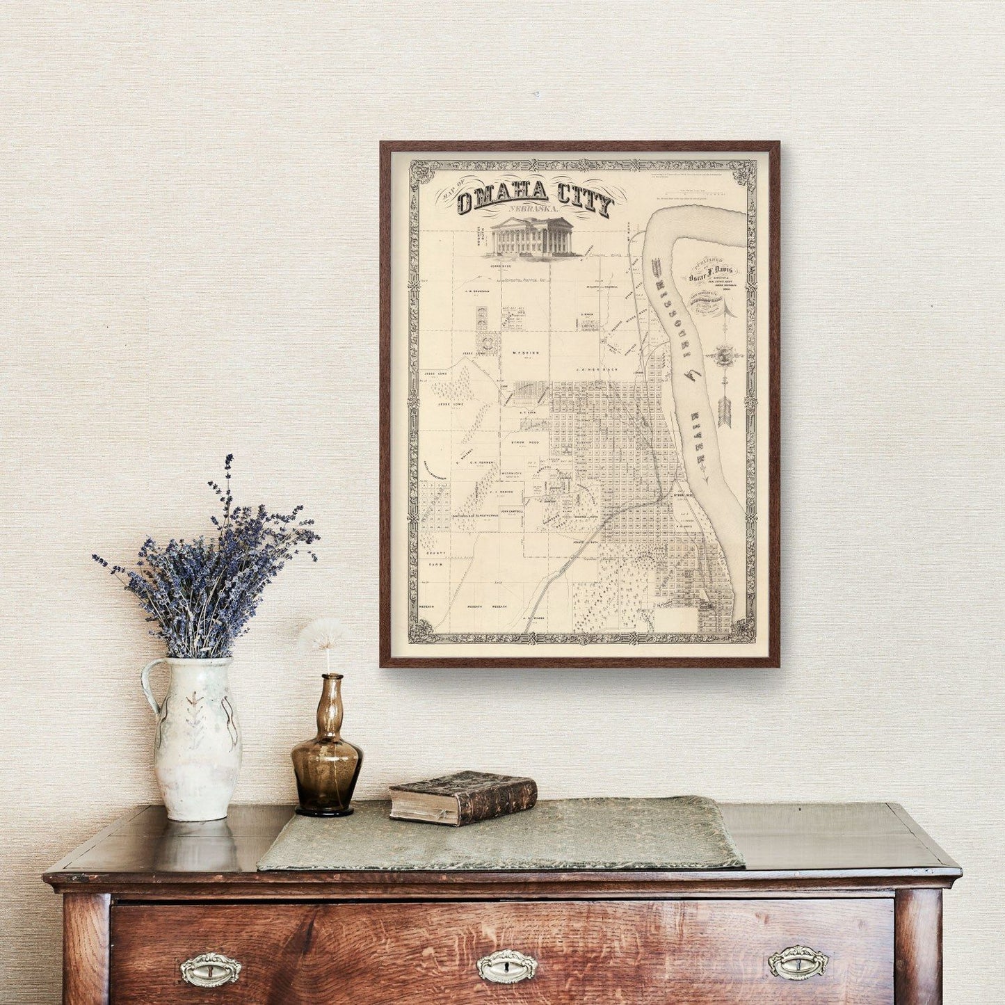 Vintage Map of Omaha, Nebraska 1866 -Not available at Minden location-