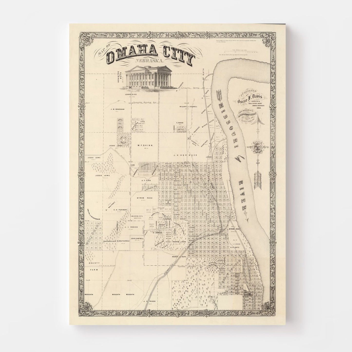 Vintage Map of Omaha, Nebraska 1866 -Not available at Minden location-