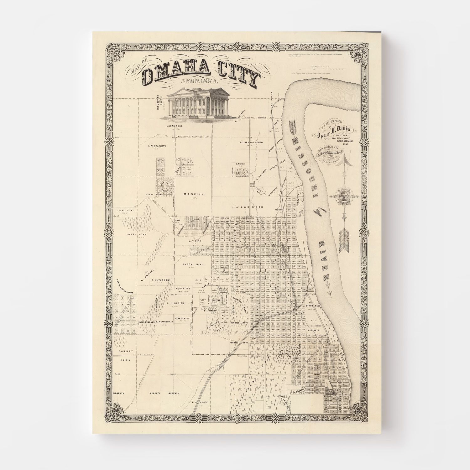 Vintage Map of Omaha, Nebraska 1866 -Not available at Minden location-