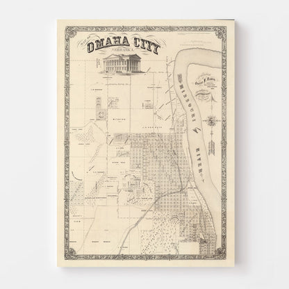 Vintage Map of Omaha, Nebraska 1866 -Not available at Minden location-