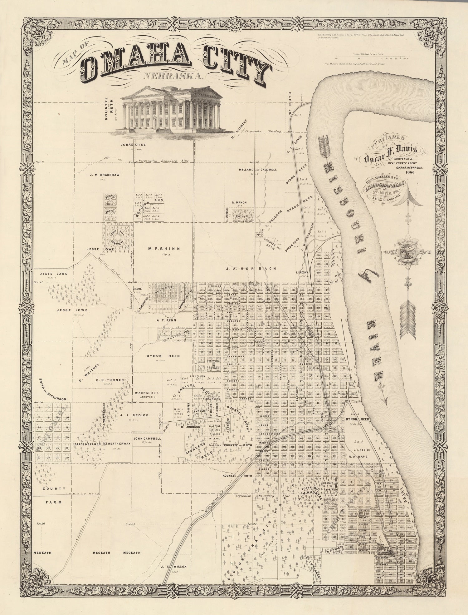 Vintage Map of Omaha, Nebraska 1866 -Not available at Minden location-