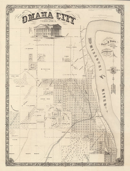 Vintage Map of Omaha, Nebraska 1866 -Not available at Minden location-