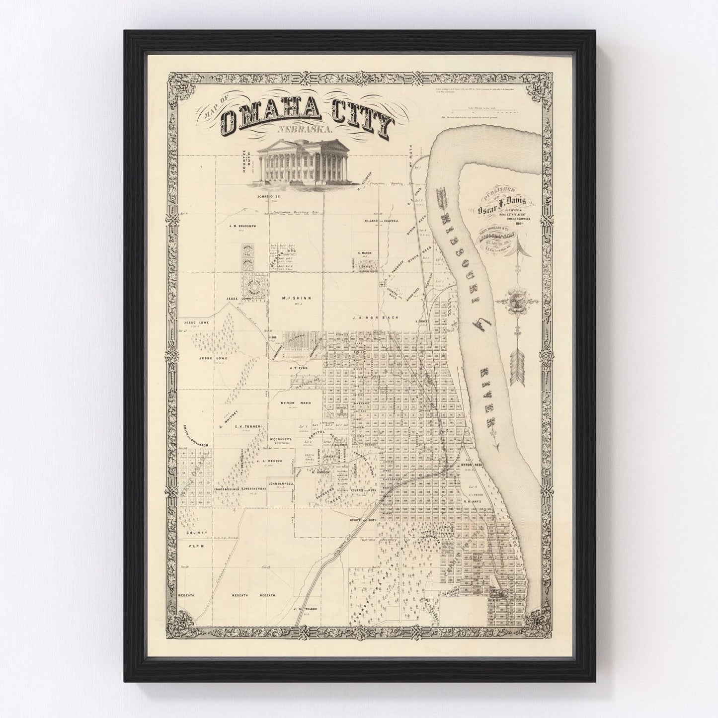 Vintage Map of Omaha, Nebraska 1866 -Not available at Minden location-