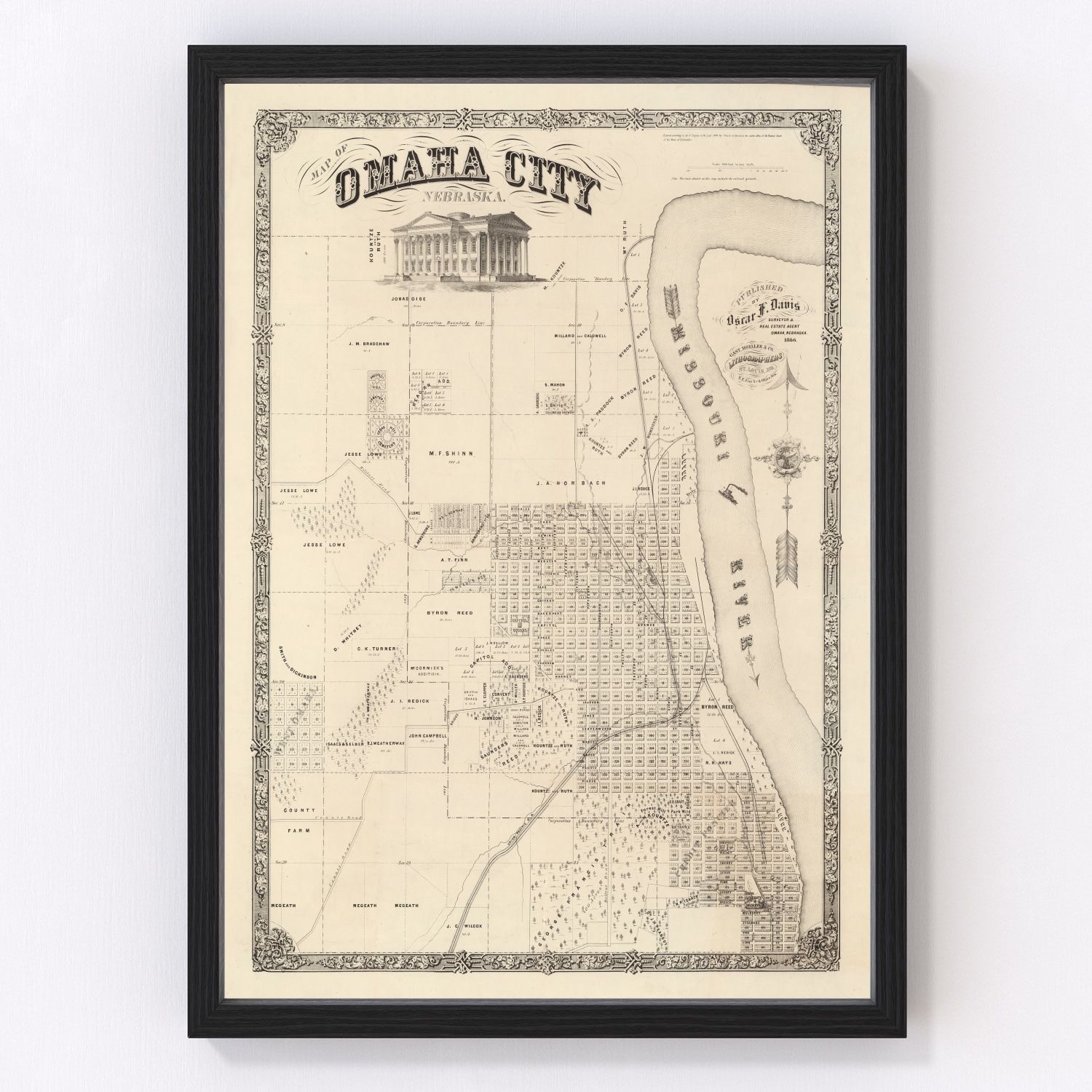 Vintage Map of Omaha, Nebraska 1866 -Not available at Minden location-