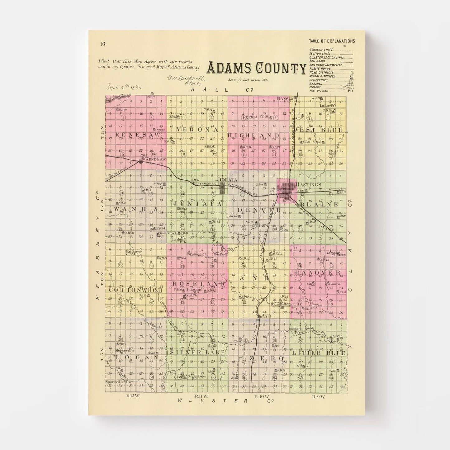 Vintage Map of Adams County, Nebraska 1885 -Not available at Minden location-