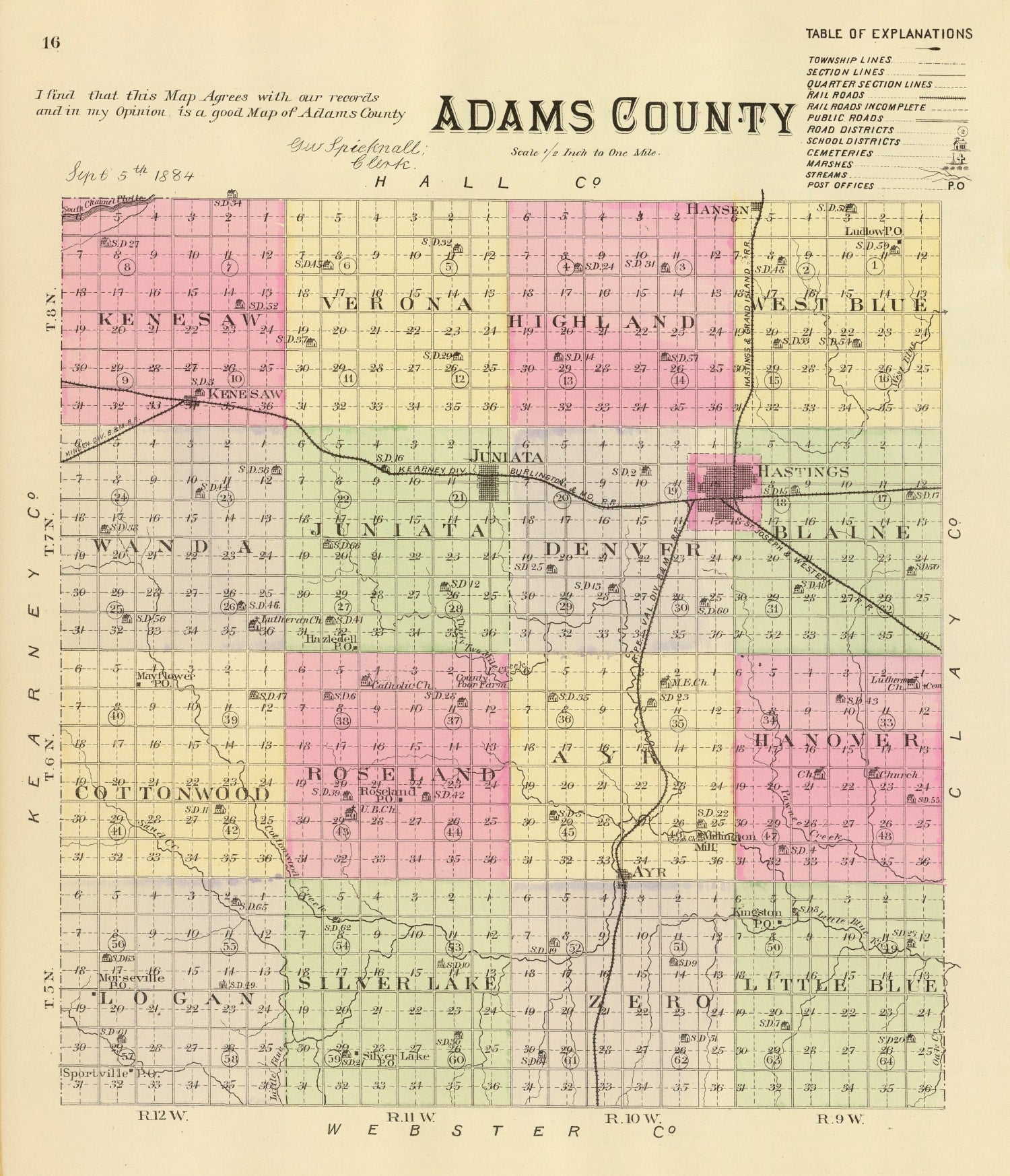 Vintage Map of Adams County, Nebraska 1885 -Not available at Minden location-