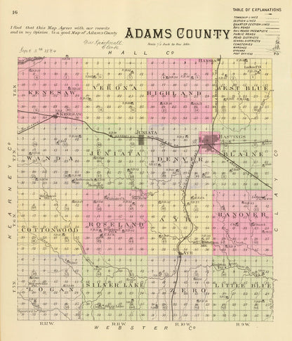 Vintage Map of Adams County, Nebraska 1885 -Not available at Minden location-
