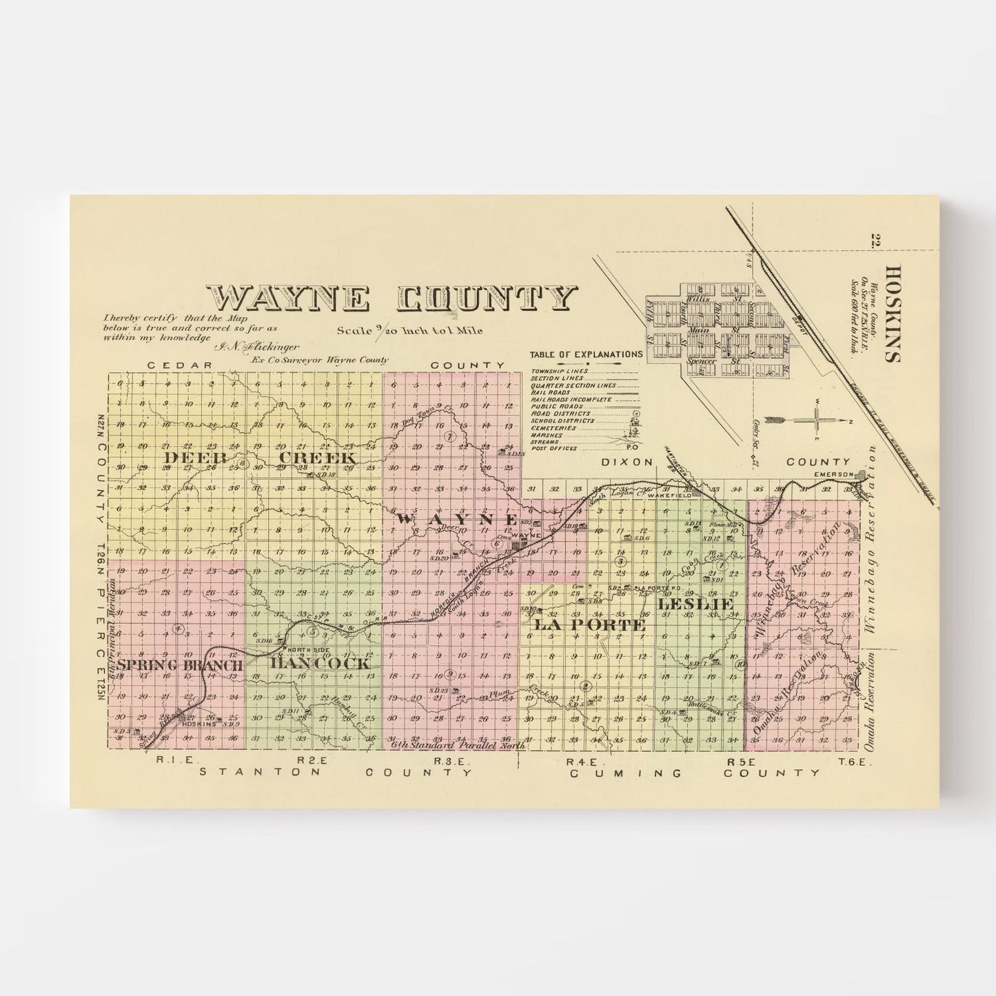 Vintage Map of Wayne County, Nebraska 1885 -Not available at Minden location-