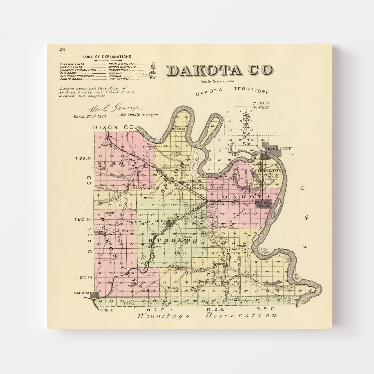 Vintage Map of Dakota County, Nebraska 1885 -Not available at Minden location-