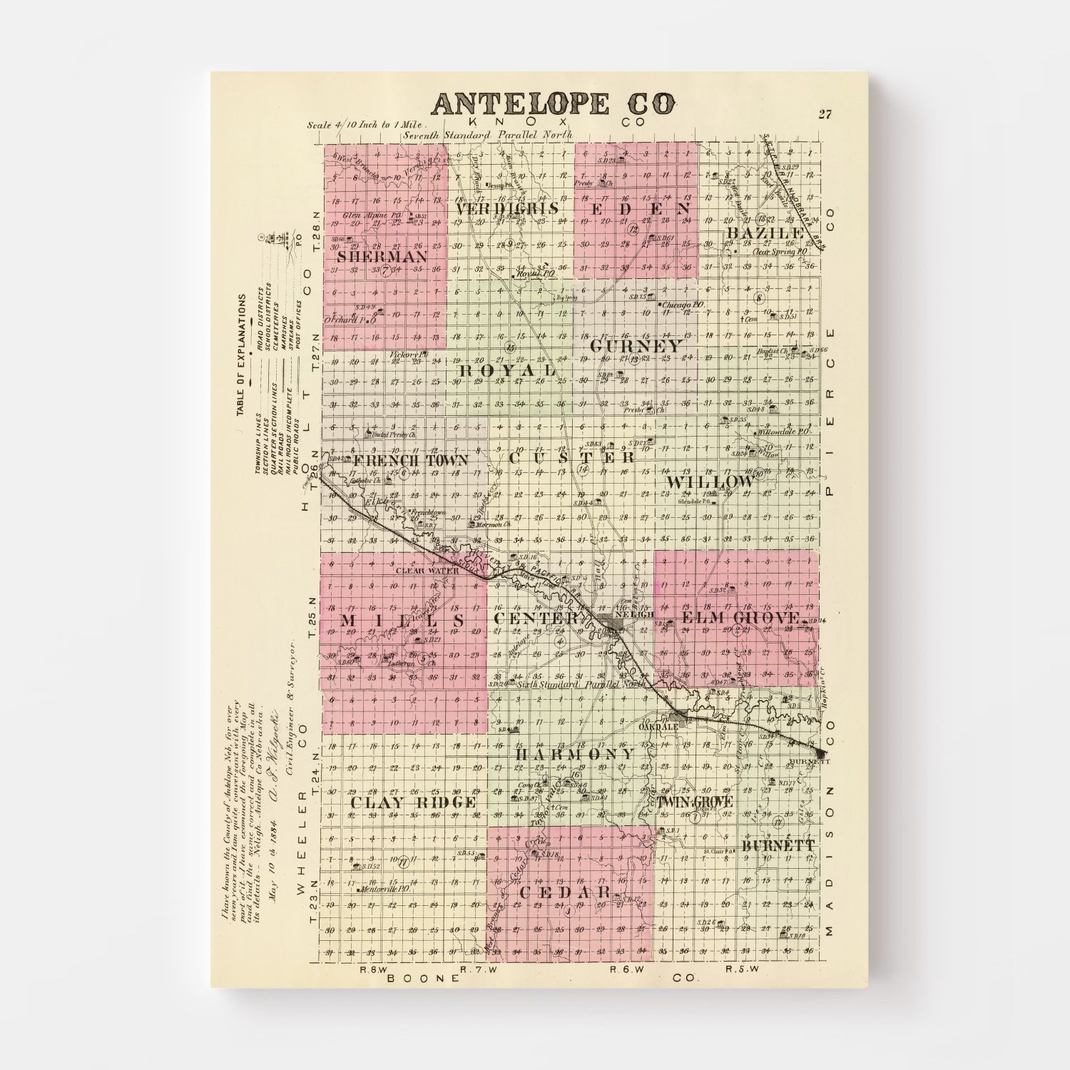 Vintage Map of Antelope County, Nebraska 1885 -Not available at Minden location-