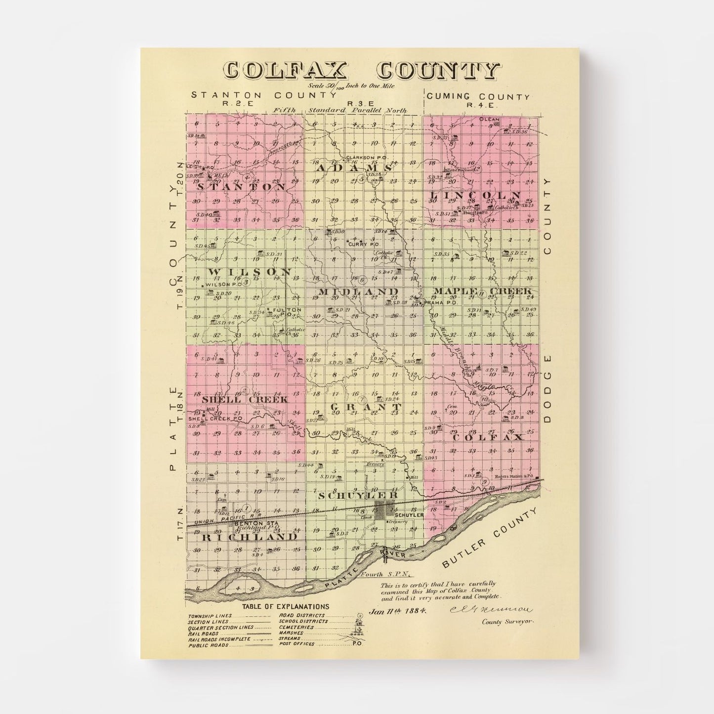 Vintage Map of Golfax County, Nebraska 1885 -Not available at Minden location-