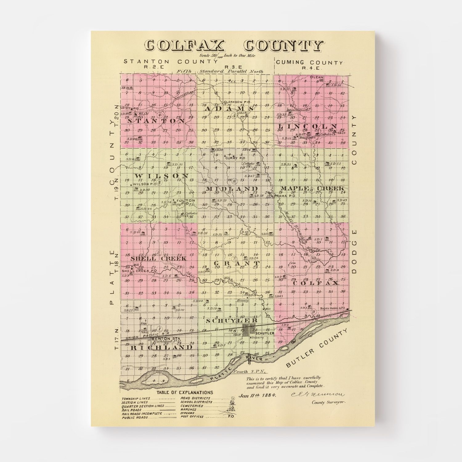 Vintage Map of Golfax County, Nebraska 1885 -Not available at Minden location-