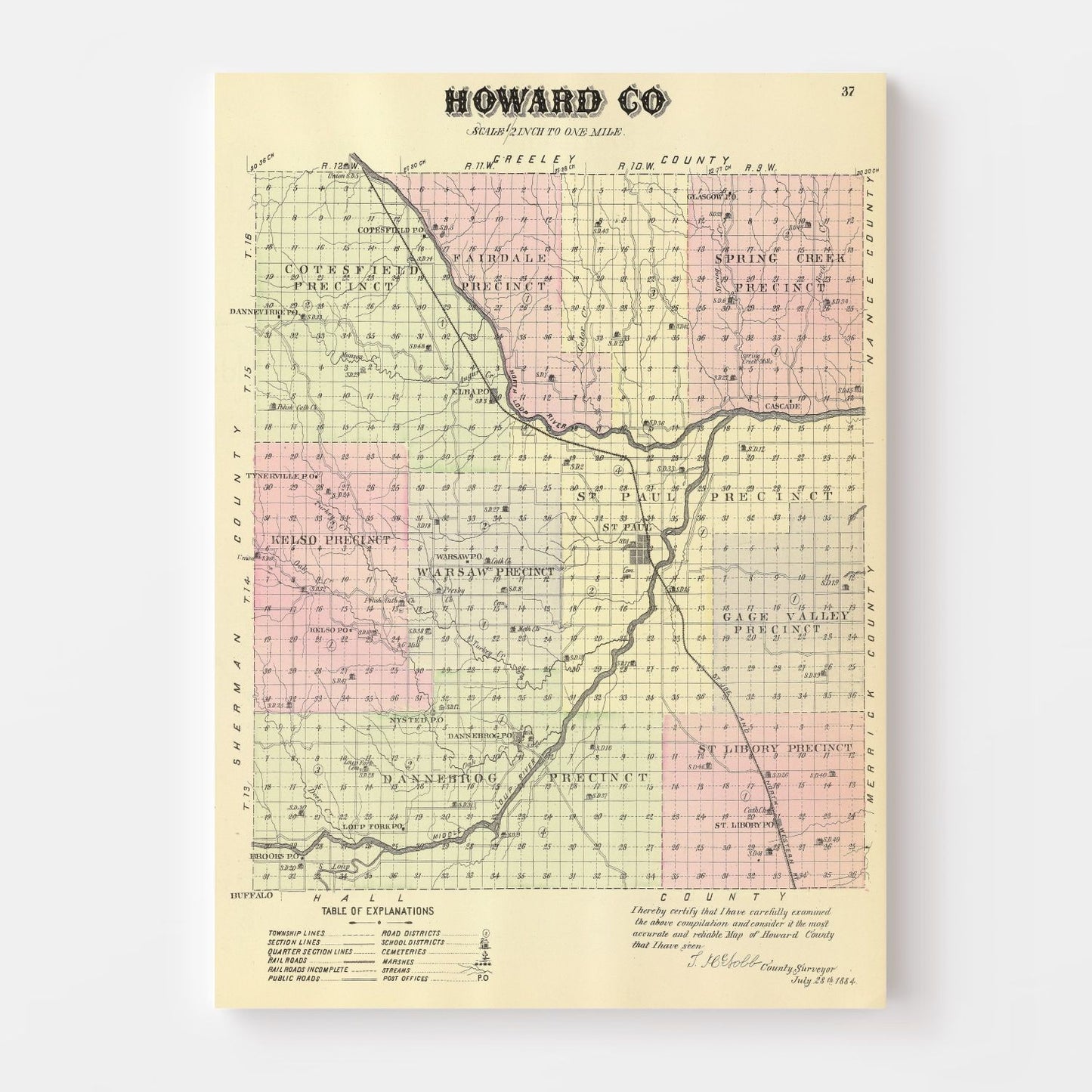 Vintage Map of Howard County, Nebraska 1885 -Not available at Minden location-