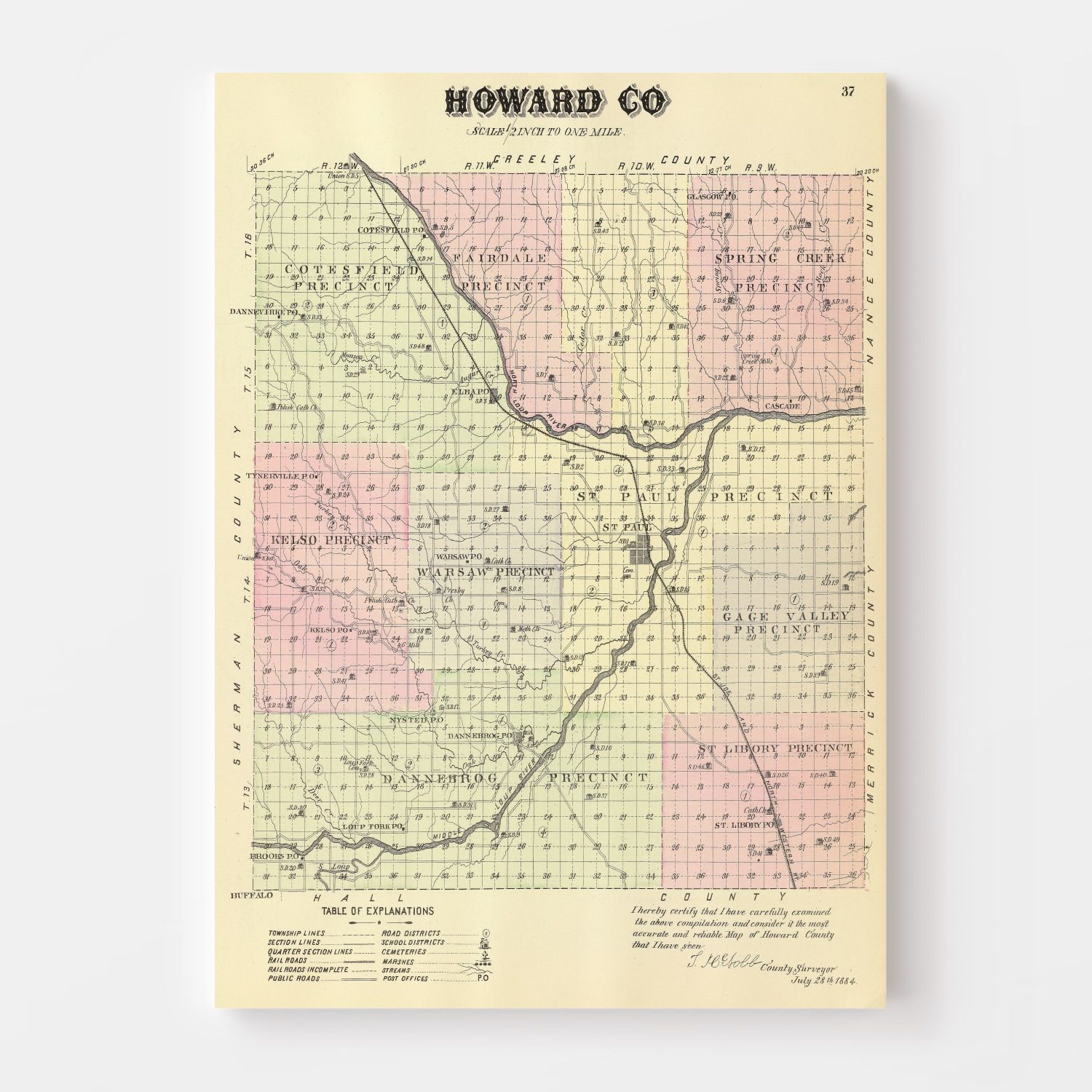 Vintage Map of Howard County, Nebraska 1885 -Not available at Minden location-