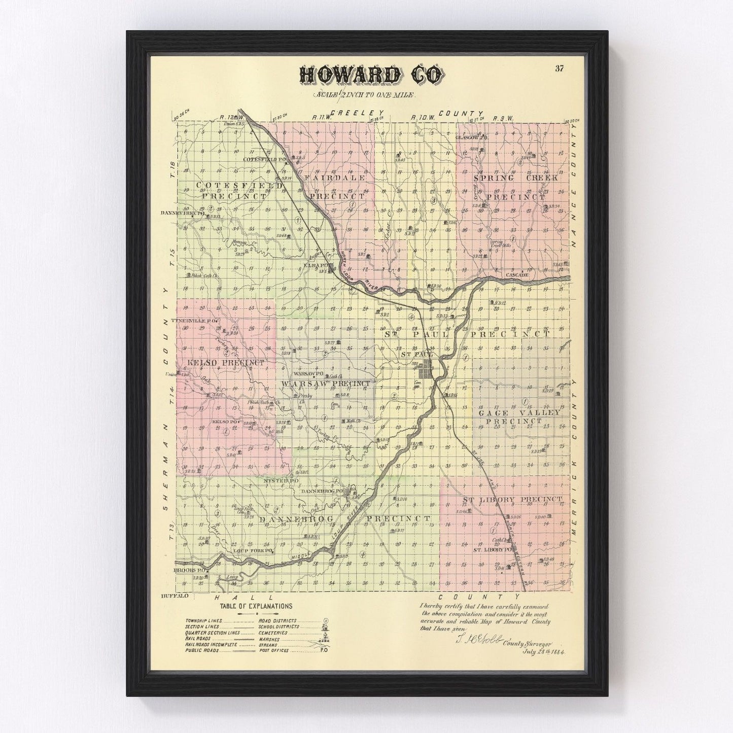 Vintage Map of Howard County, Nebraska 1885 -Not available at Minden location-