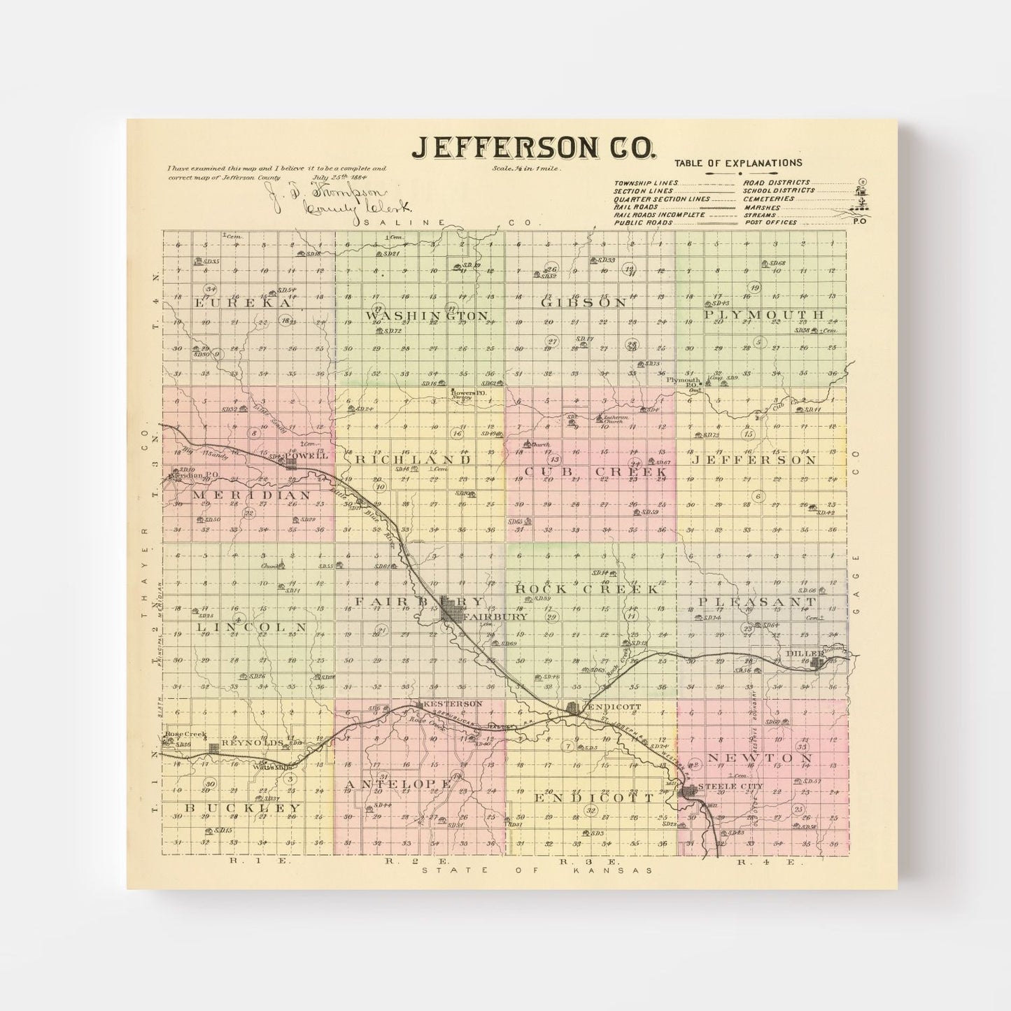 Vintage Map of Jefferson County, Nebraska 1885 -Not available at Minden location-
