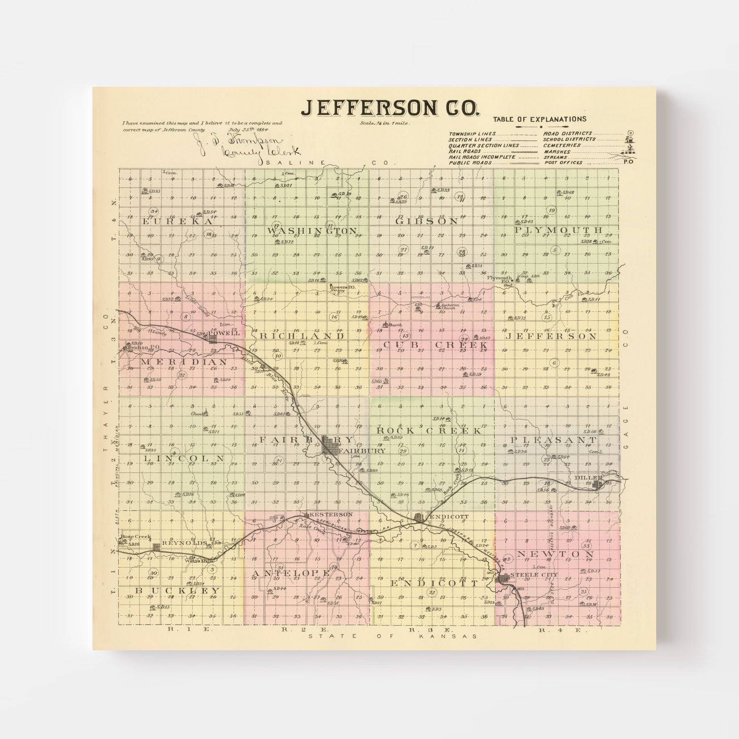 Vintage Map of Jefferson County, Nebraska 1885 -Not available at Minden location-