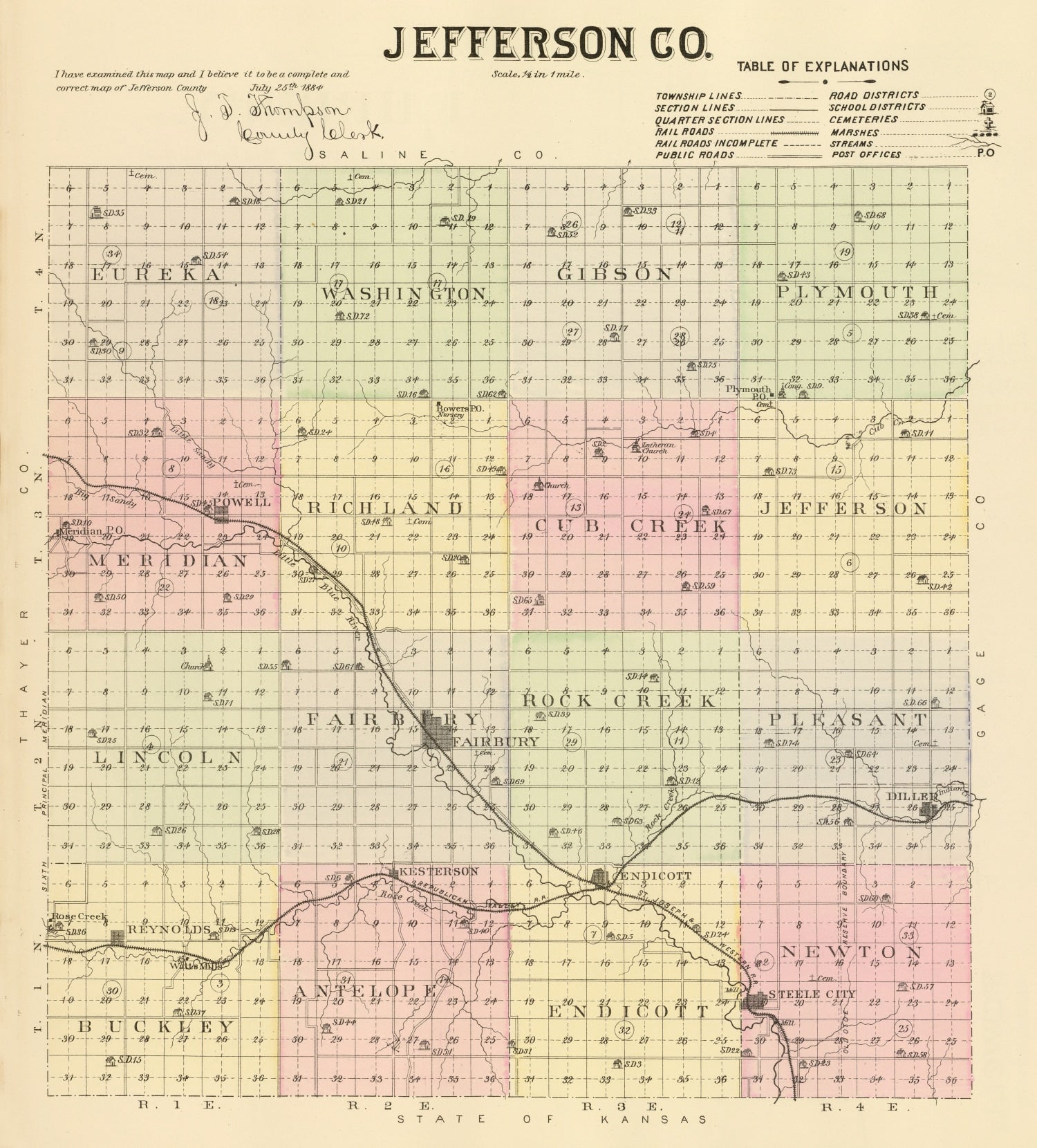 Vintage Map of Jefferson County, Nebraska 1885 -Not available at Minden location-