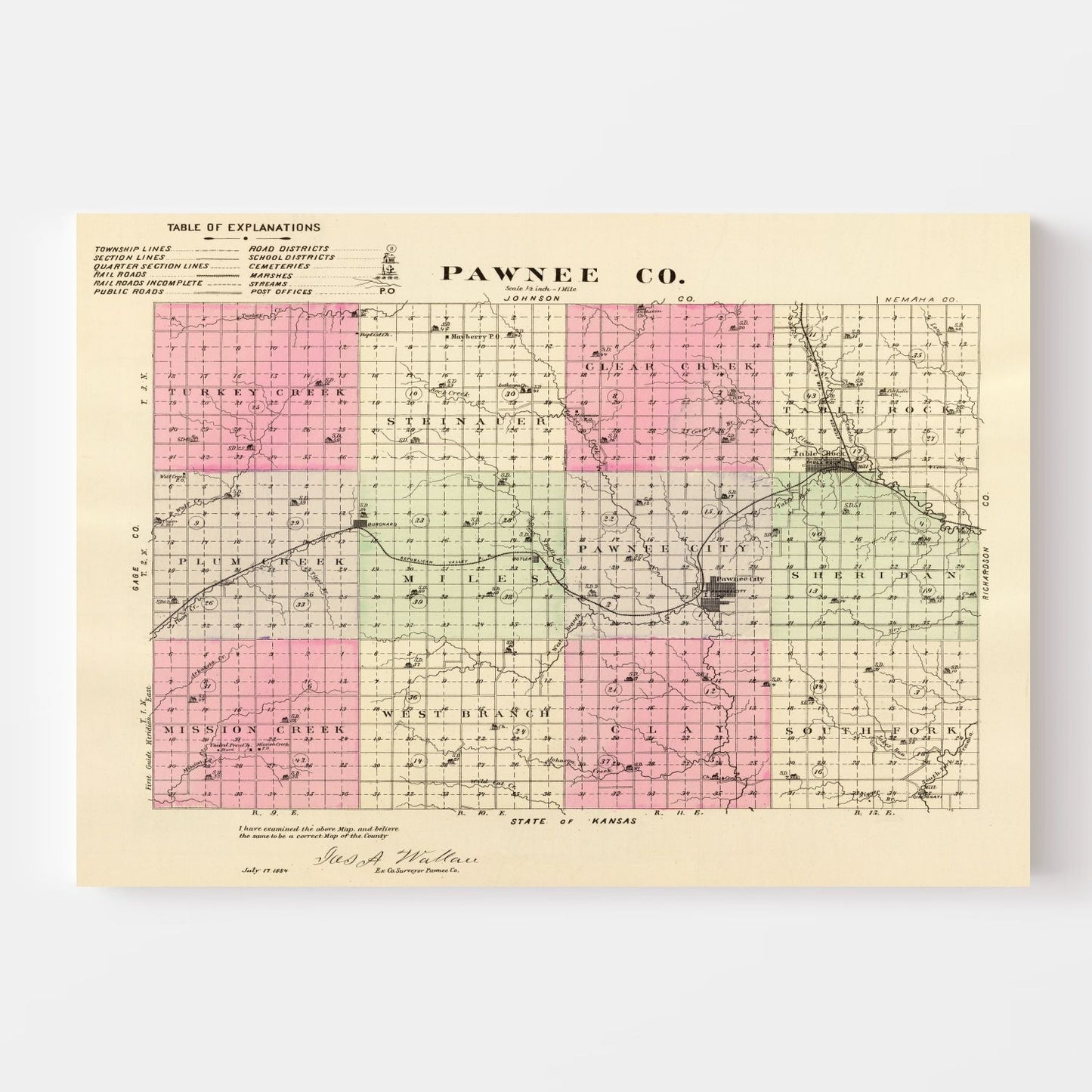Vintage Map of Pawnee County, Nebraska 1885 -Not available at Minden location-