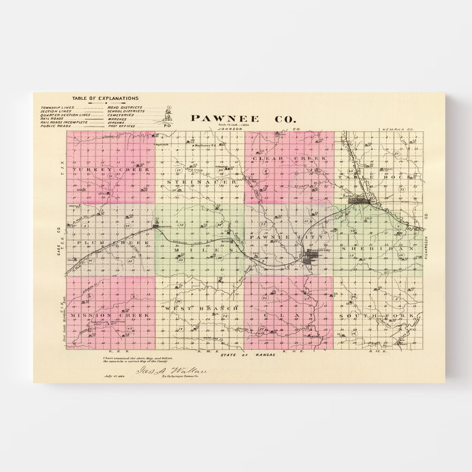 Vintage Map of Pawnee County, Nebraska 1885 -Not available at Minden location-