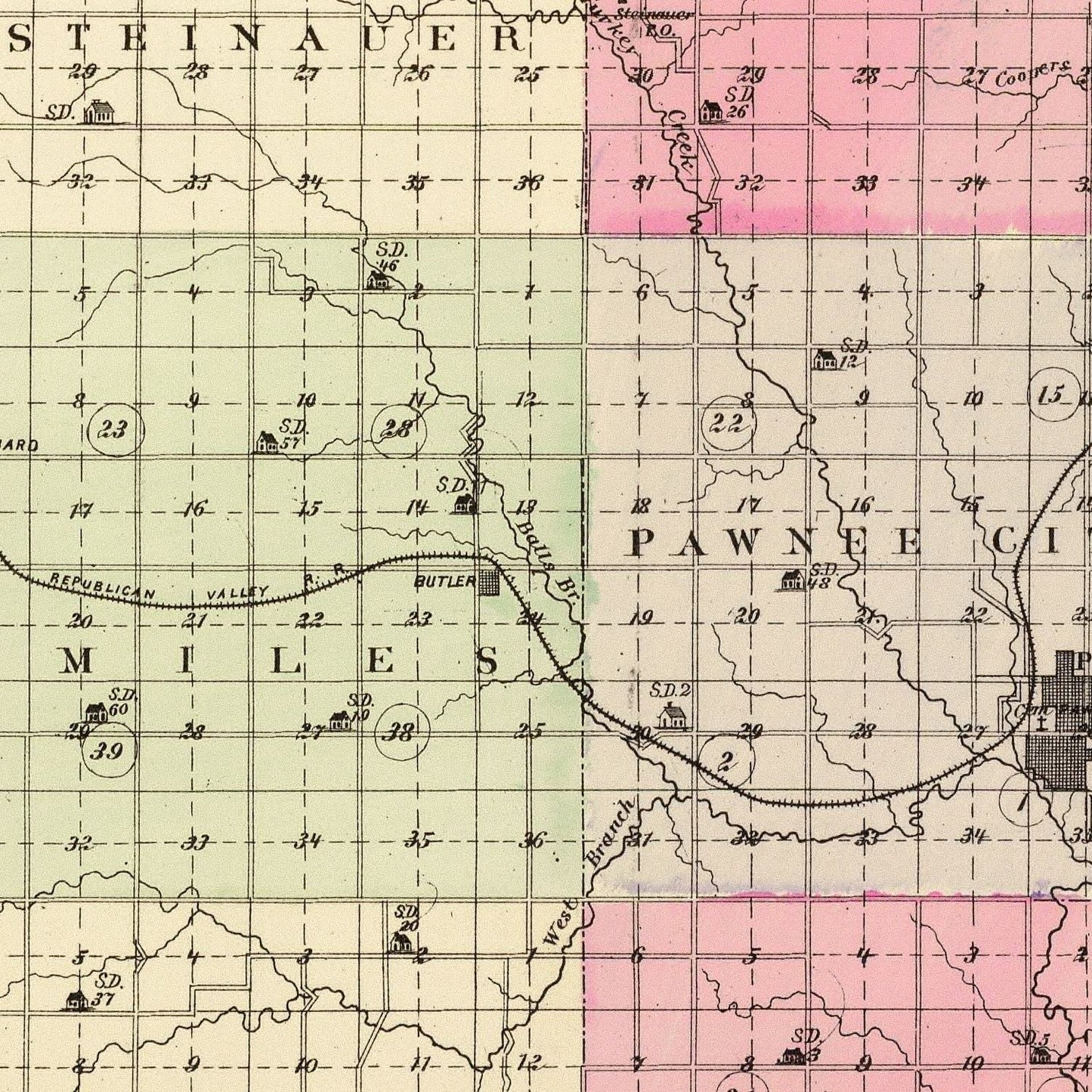 Vintage Map of Pawnee County, Nebraska 1885 -Not available at Minden location-