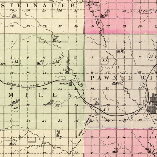 Vintage Map of Pawnee County, Nebraska 1885 -Not available at Minden location-