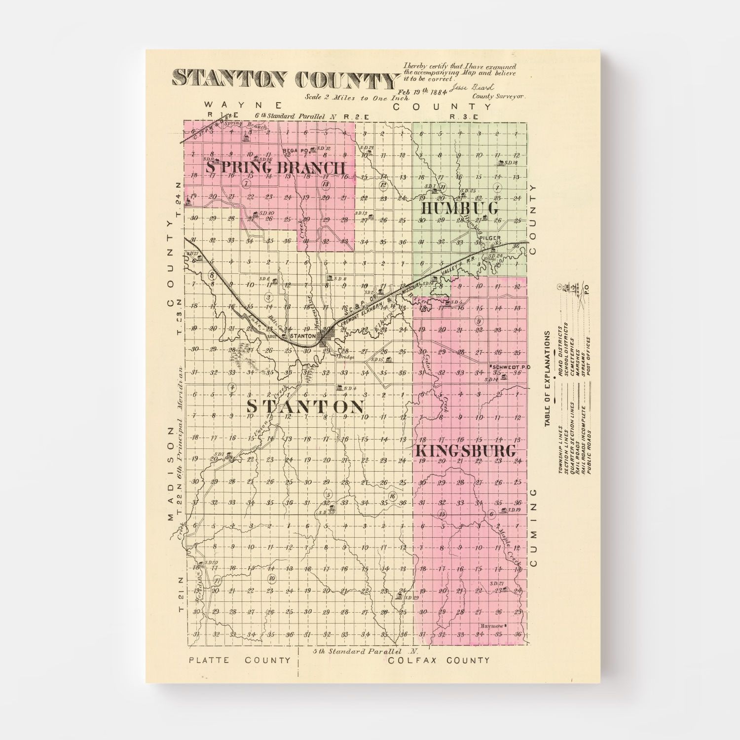 Vintage Map of Stanton County, Nebraska 1885 -Not available at Minden location-