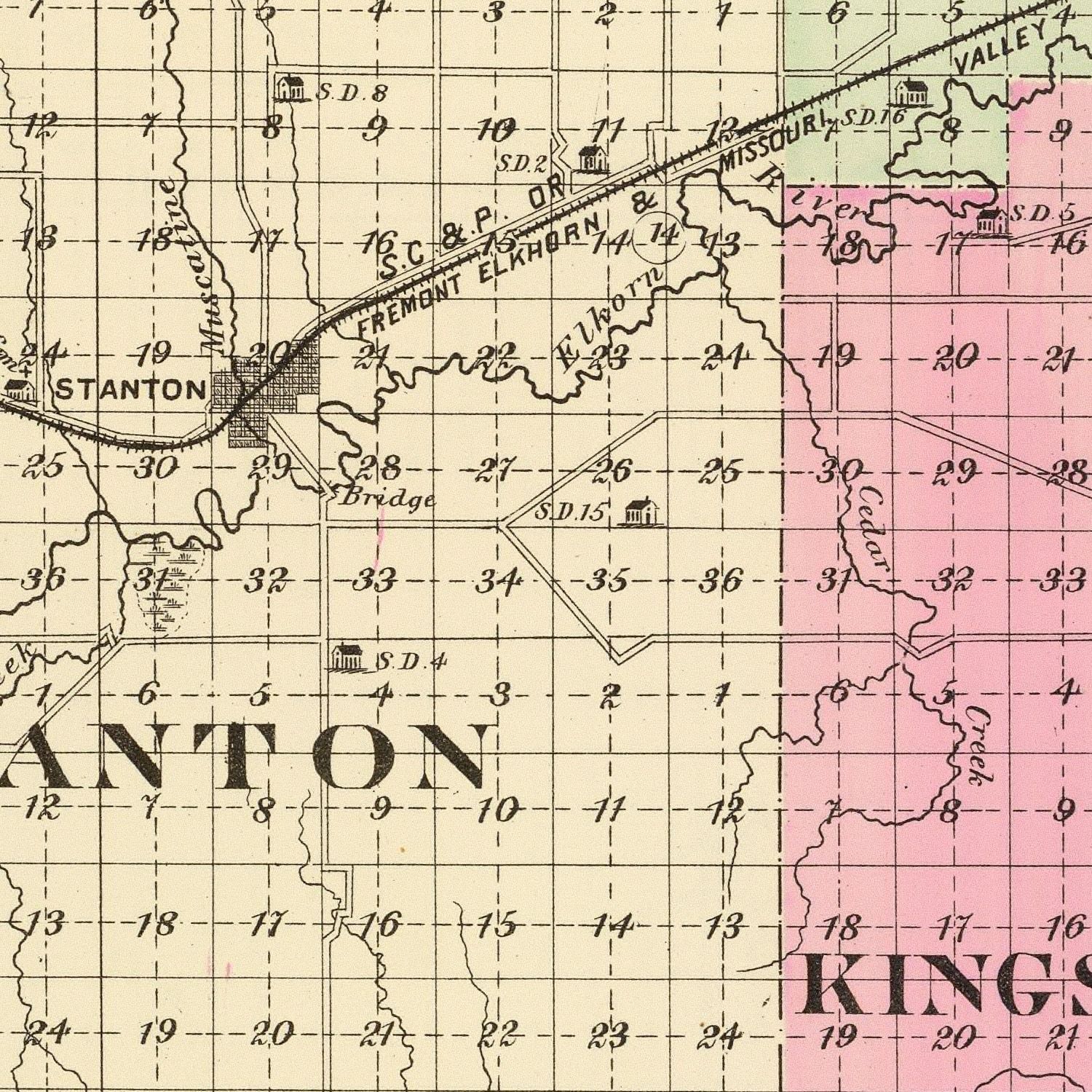 Vintage Map of Stanton County, Nebraska 1885 -Not available at Minden location-