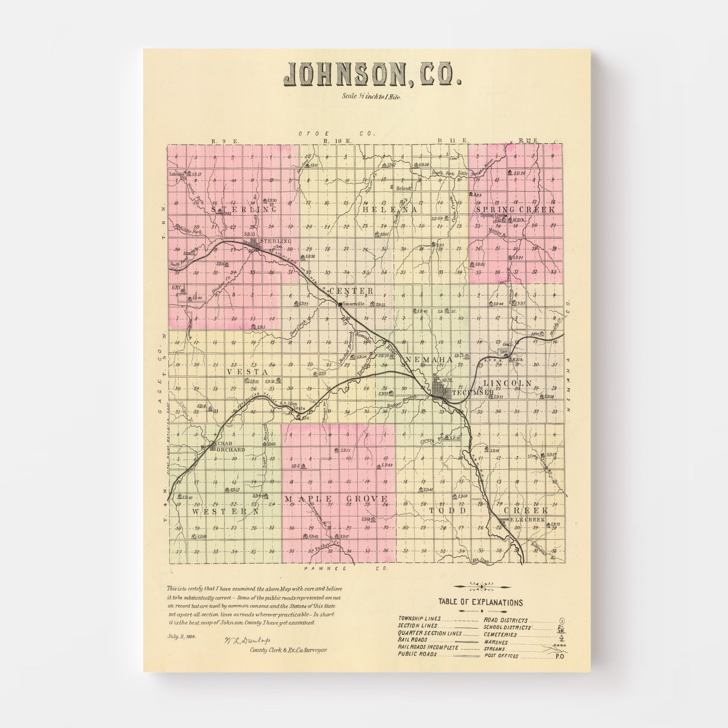 Vintage Map of Johnson County, Nebraska 1885 -Not available at Minden location-