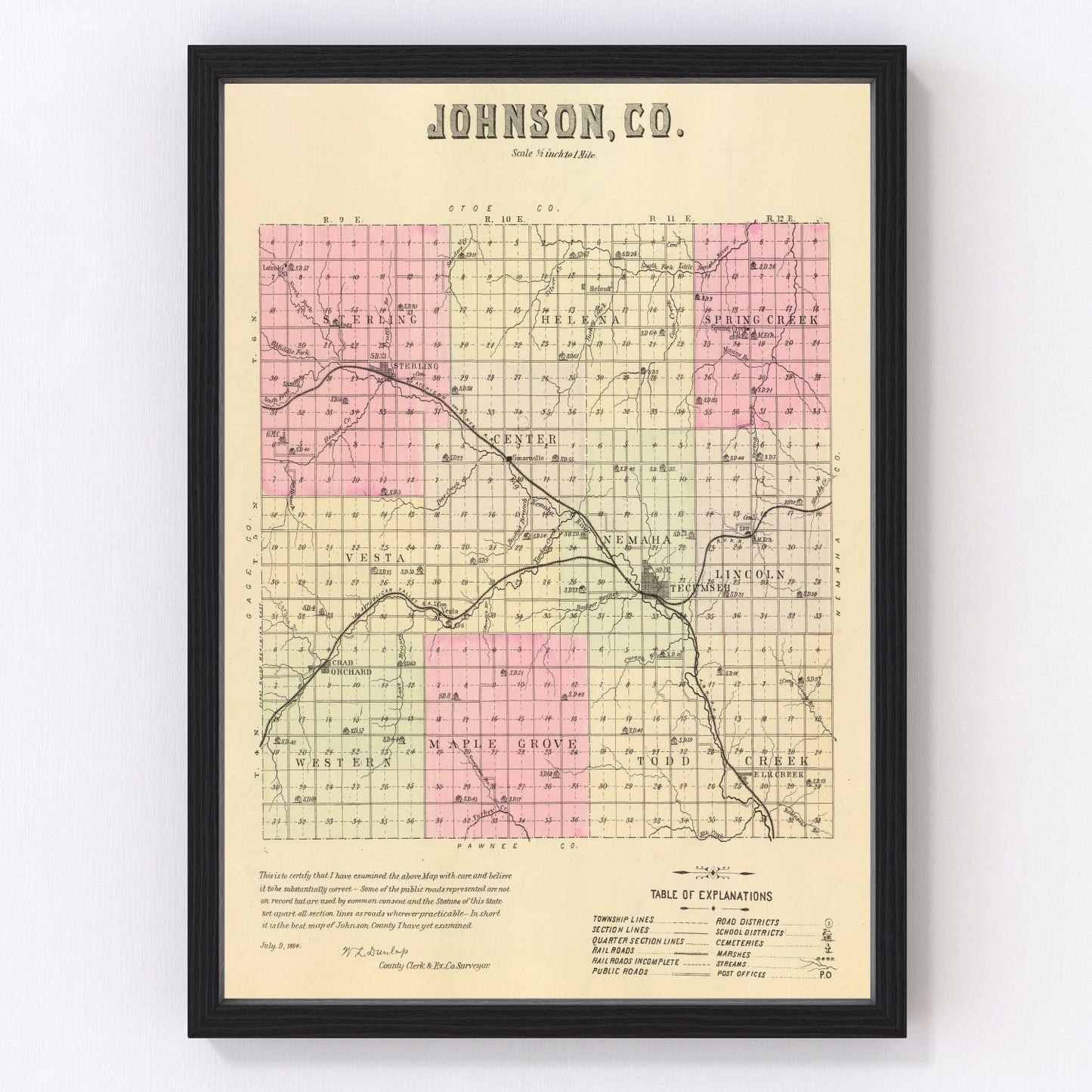 Vintage Map of Johnson County, Nebraska 1885 -Not available at Minden location-