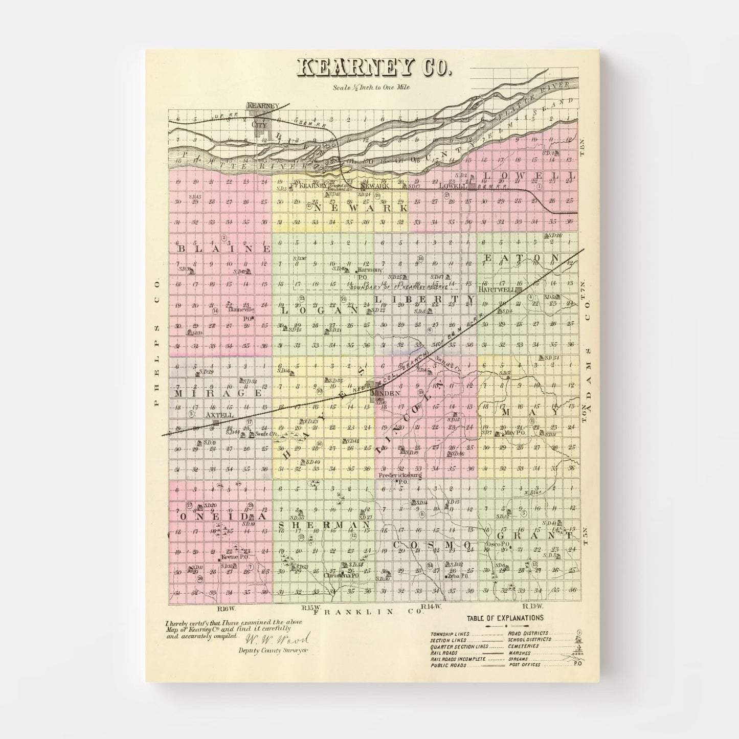 Vintage Map of Kearney County, Nebraska 1885 -Not available at Minden location-