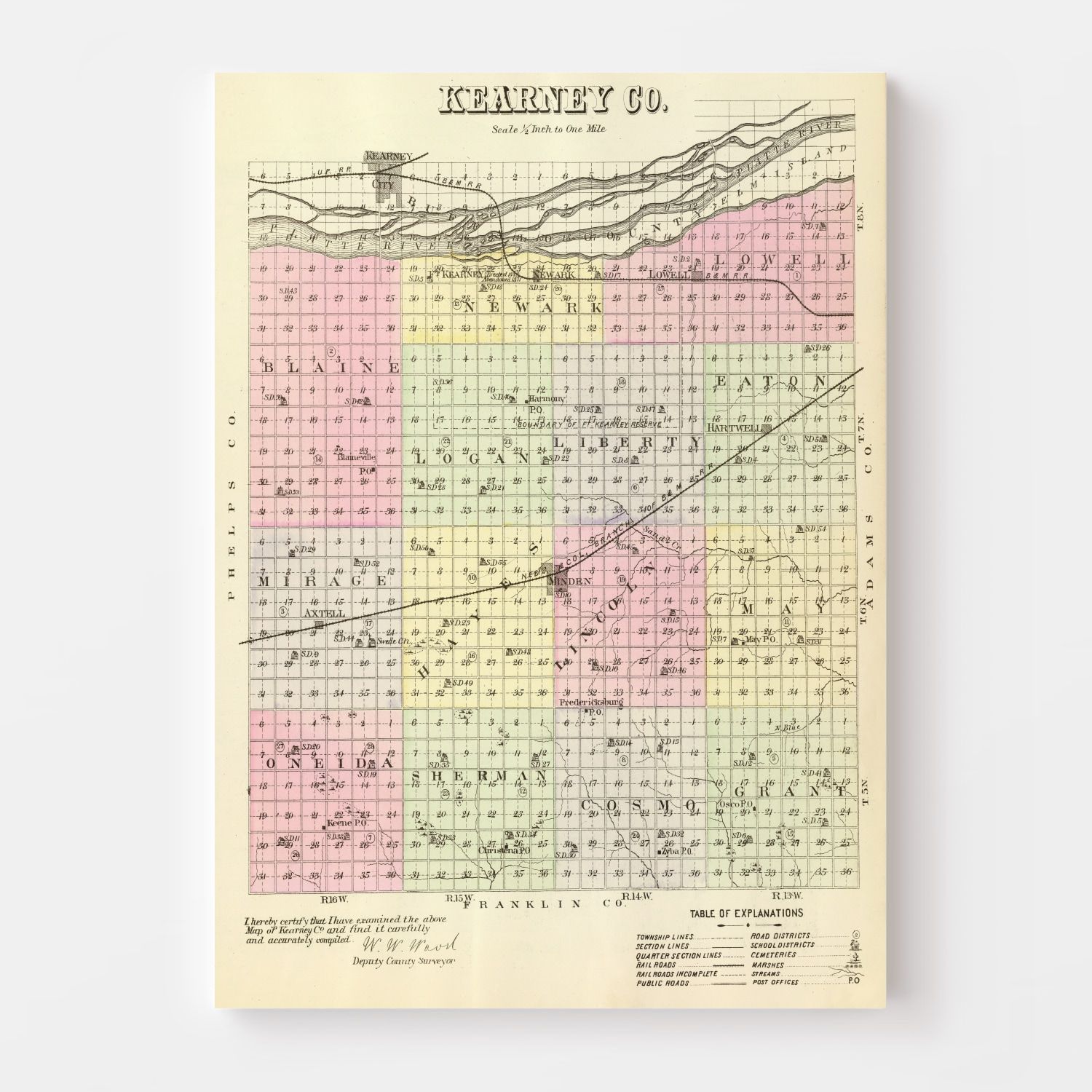 Vintage Map of Kearney County, Nebraska 1885 -Not available at Minden location-