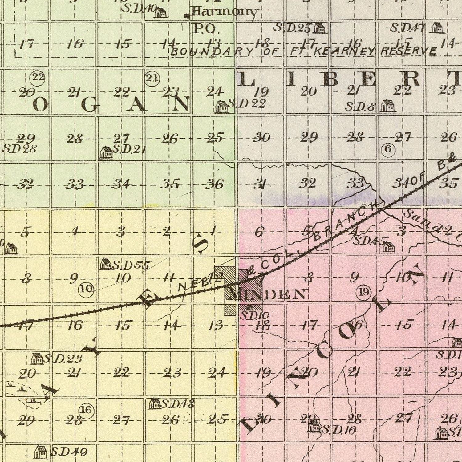 Vintage Map of Kearney County, Nebraska 1885 -Not available at Minden location-