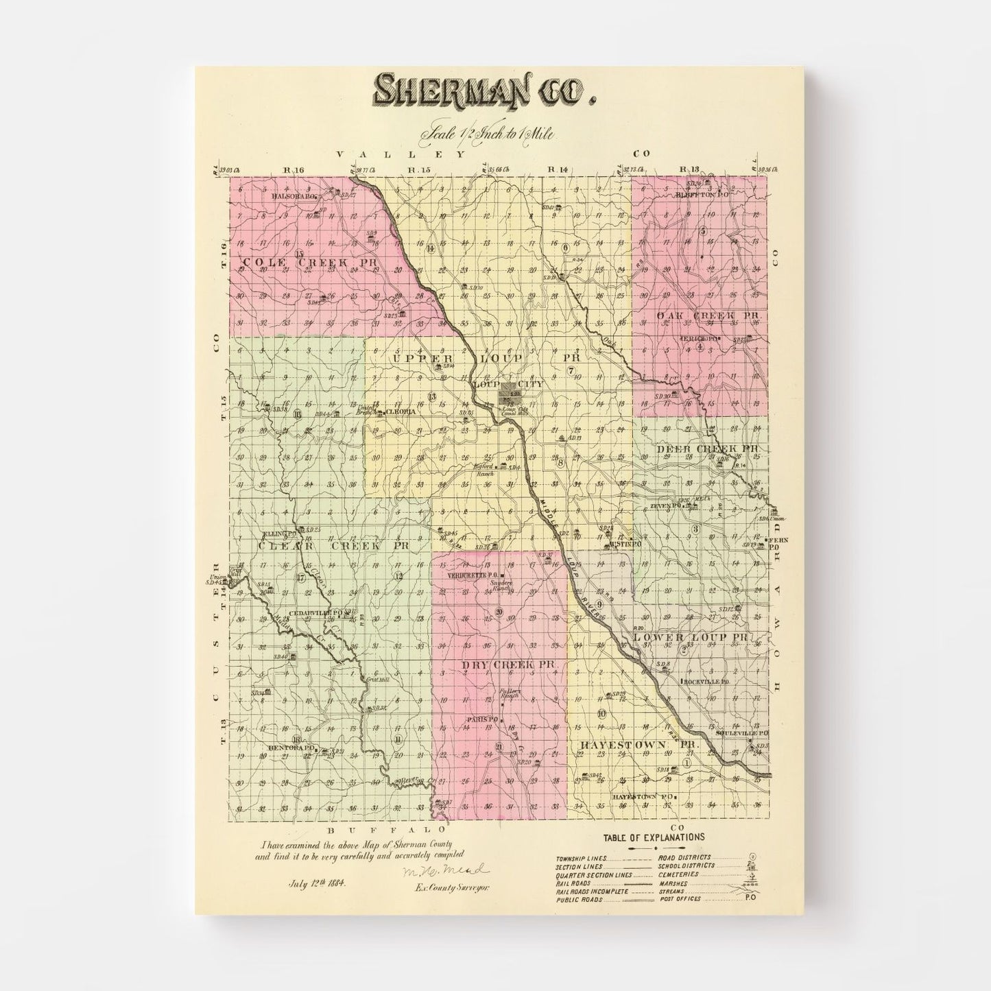 Vintage Map of Sherman County, Nebraska 1885 -Not available at Minden location-