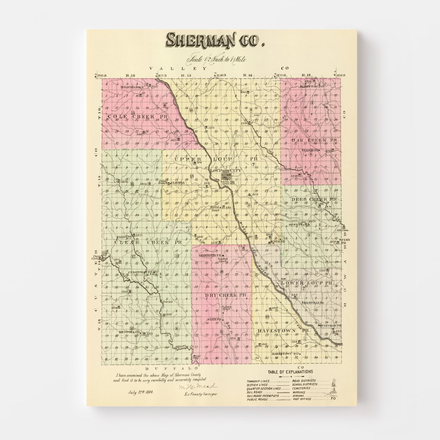 Vintage Map of Sherman County, Nebraska 1885 -Not available at Minden location-