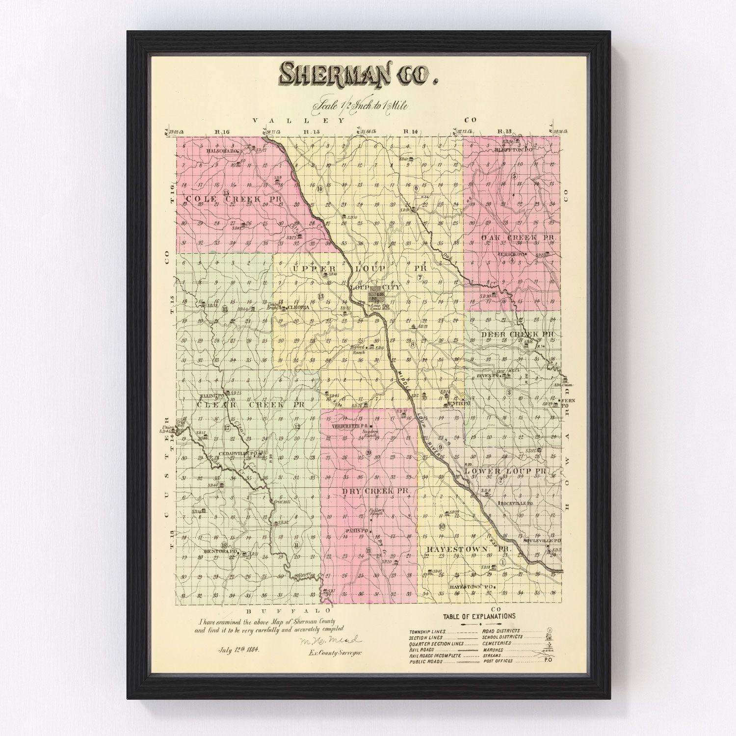 Vintage Map of Sherman County, Nebraska 1885 -Not available at Minden location-