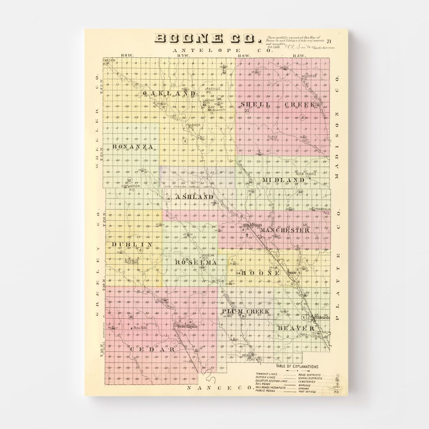 Vintage Map of Boone County, Nebraska 1885 -Not available at Minden location-