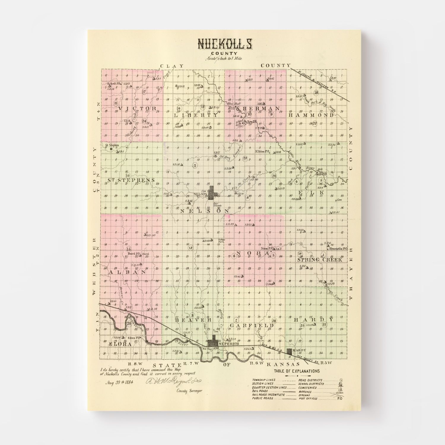 Vintage Map of Nuckolls County, Nebraska 1885 -Not available at Minden location-